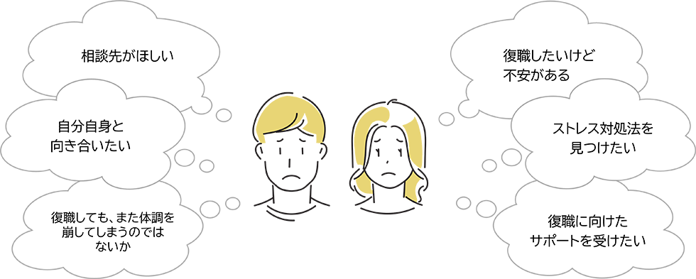「相談先がほしい」「復職したいけど不安がある」「自分自身と向き合いたい」「ストレス対処法を見つけたい」「復職しても、また体調を崩してしまうのではないか」「復職に向けたサポートを受けたい」