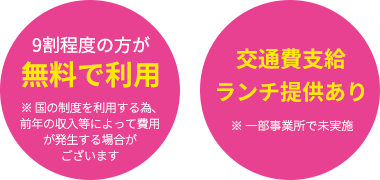 【9割程度の方が無料で利用】※ 国の制度を利用する為、前年の収入等によって費用が発生する場合がございます / 【交通費支給・ランチ提供あり】※ 一部事業所で未実施
